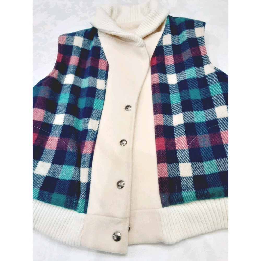Vtg Woolrich Vest Jacket Women Medium Sleeveless Wool Reversible Plaid Solid USA